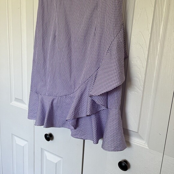 Women’s Donna Morgan Purple Blue Gingham Ruffle Off The Shoulder Dress Size 6 - Picture 6 of 9